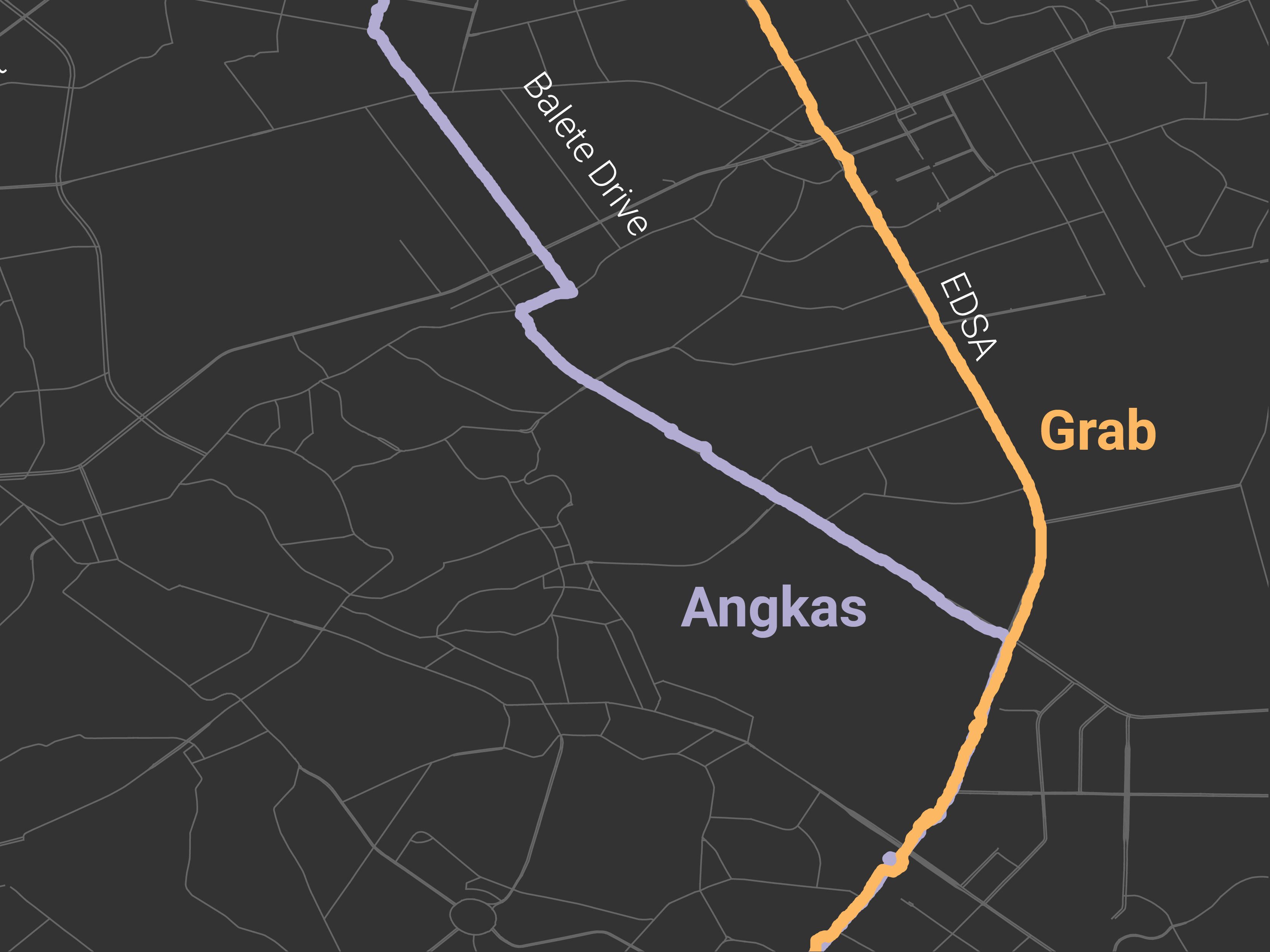 A partial map of NCR showing the paths of a motorcycle ride from Angkas and that of a ride-sharing car from Grab.